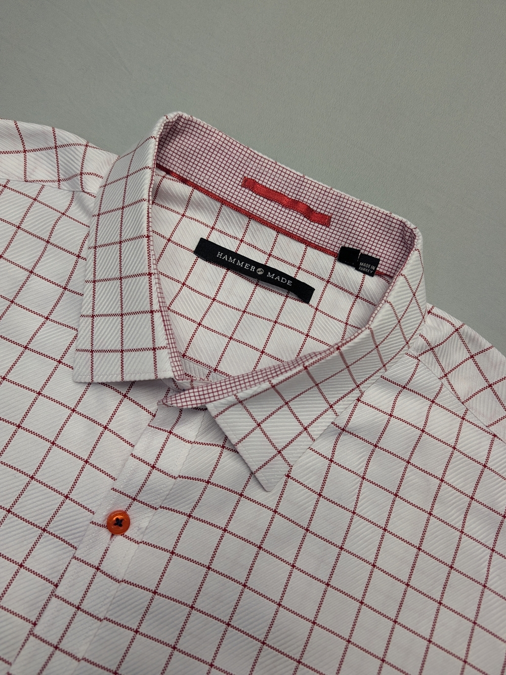 Hammer Made Men's Sz 44/17.5 Slim Shirt White Red Check Button Up Long-Sleeve